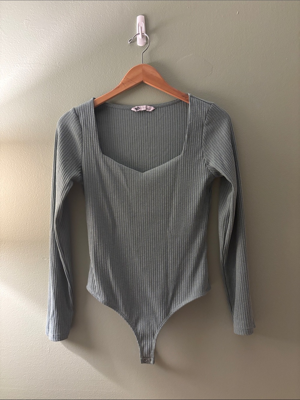 Ribbed Square-Neck Long-Sleeve Bodysuit in Sage Green